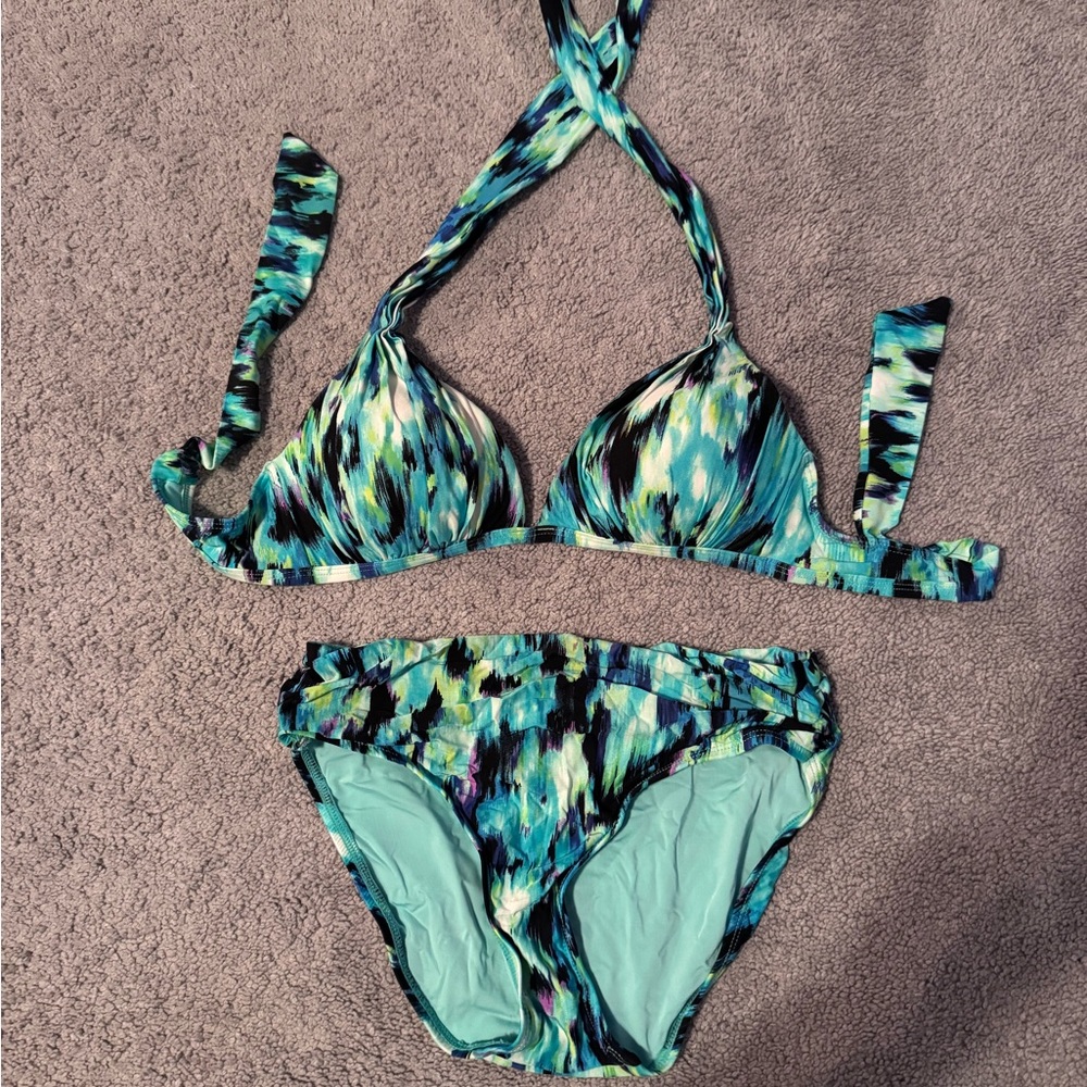 Blue and Green Patterned Bikini Set